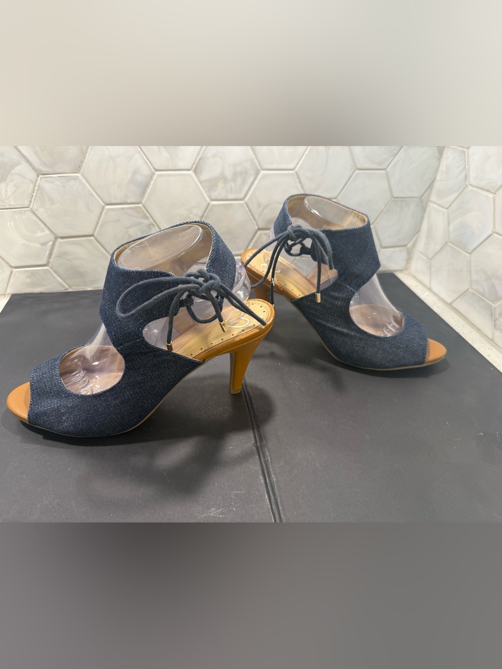 Denim Madeline June Bug Heeled Sandals Sz 10 Ankle Strap & Tie